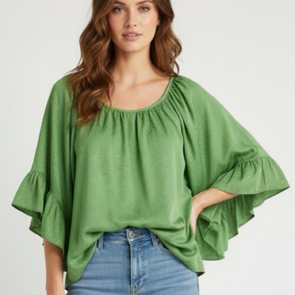 Vava by Joy Han Paisley Green Flounce Blouse M NWOT